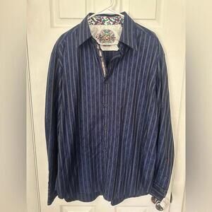 Robert Graham Blue & White Striped Embroidered Shirt - 2 XL NWT